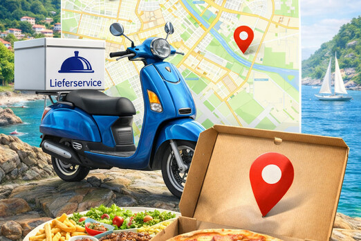 Zustellgebiet von Pizzeria Ancora in Wien mit Pizza, Lieferservice Roller und Karte im mediterranen Stil