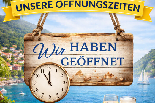 Öffnungszeiten von Pizzeria Ancora in Wien 1150 im mediterranen Stil mit Meer, Restaurant und Uhr dargestellt
